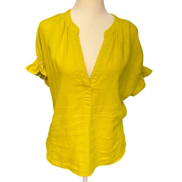 Andrew Marc New York Women’s Linen Blouse Size M Chartreuse Back Gather Design - Picture 1 of 9